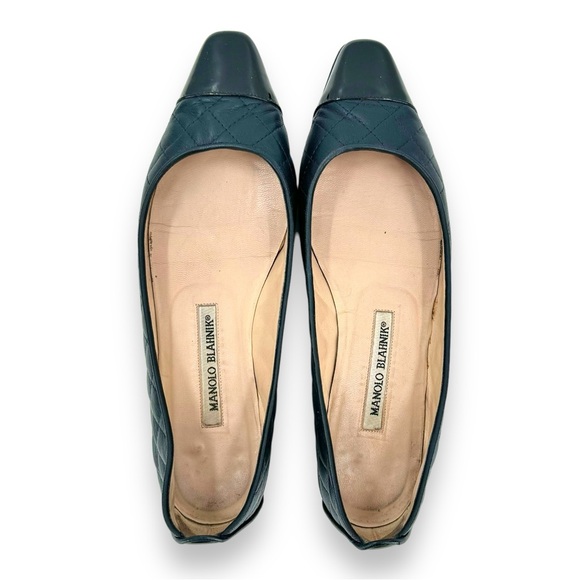Manolo Blahnik Navy Blue & Black Quilted Patent Leather Toe Ballet Flats sz 37.5 - Picture 7 of 12